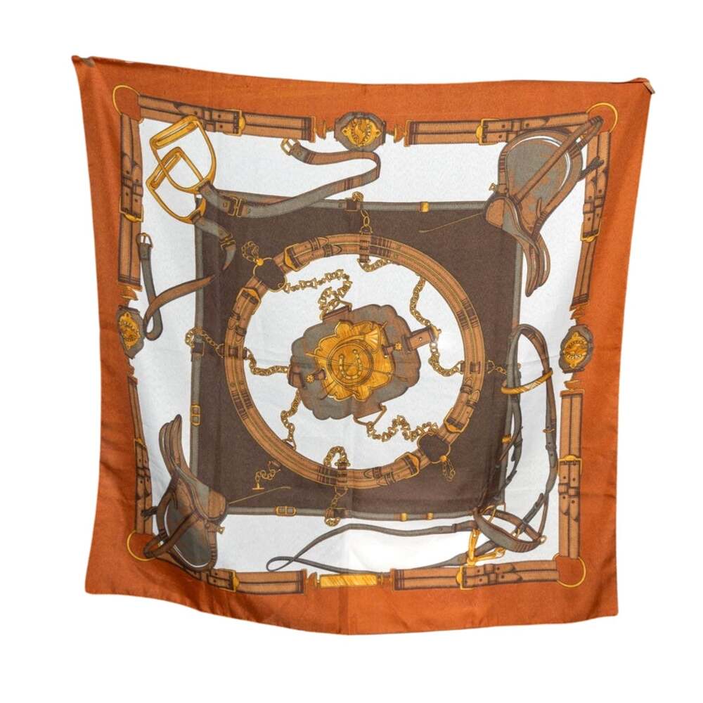 Vintage Equestrian Scarf Orange Brown Gold Chains Saddles Stirrups Quiet Luxury